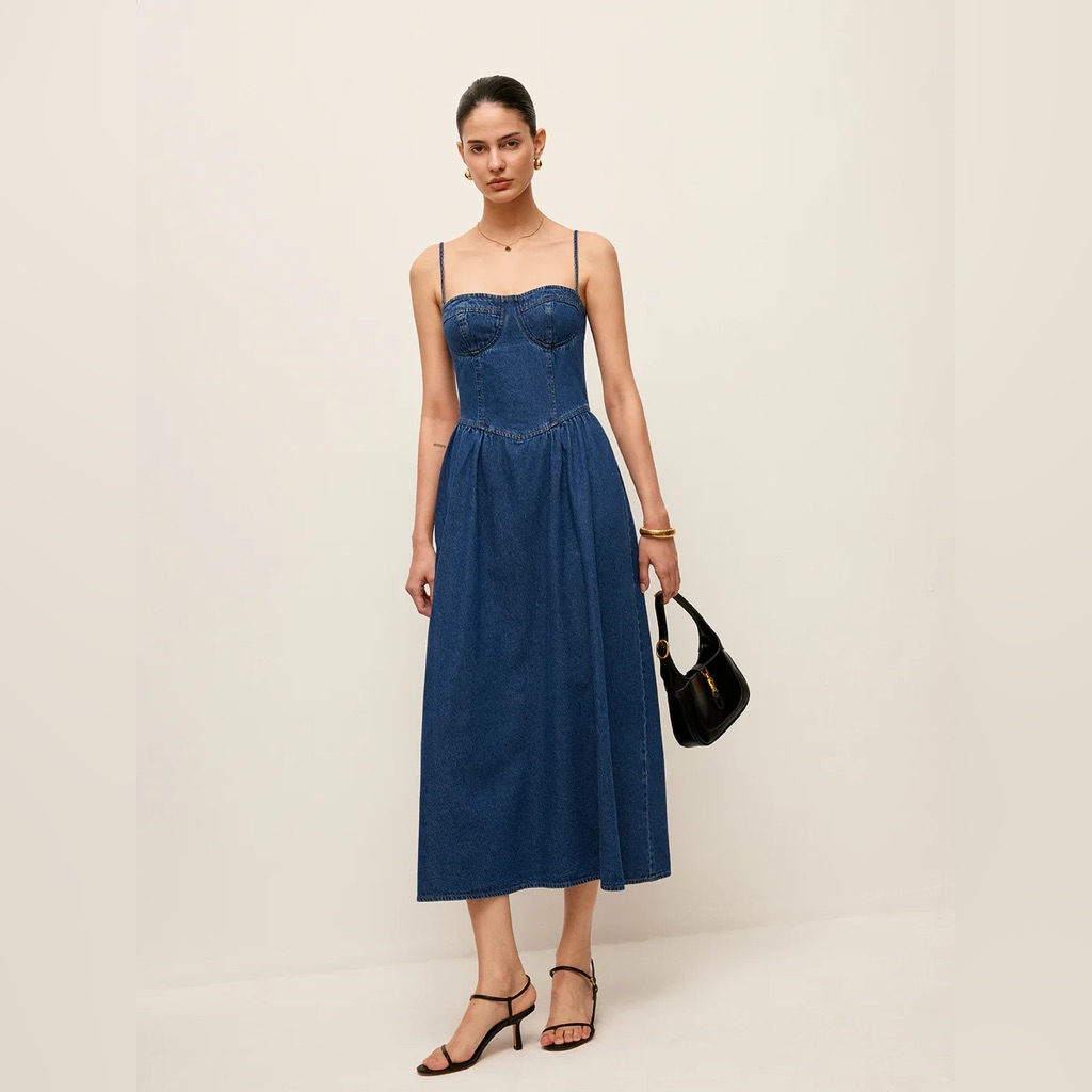 Commense Sweetheart Collar Denim Dress